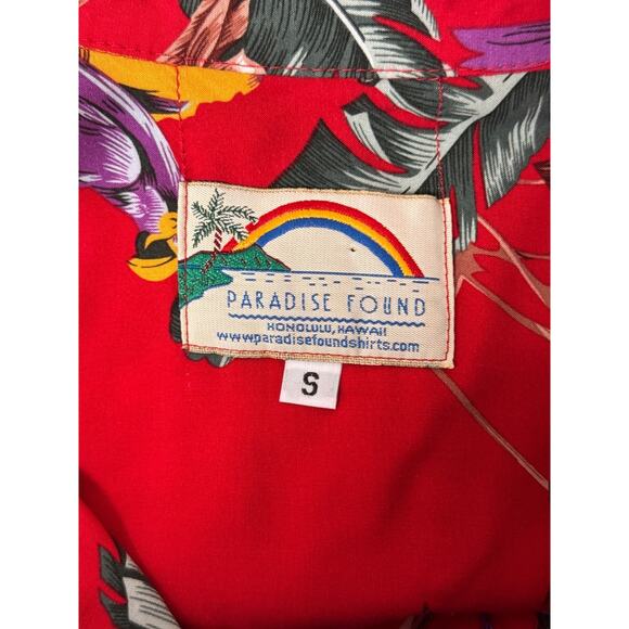Paradise Found Hawaiian Shirt Small Mens Red Parrots Magnum PI Selleck Jungle - Picture 7 of 8